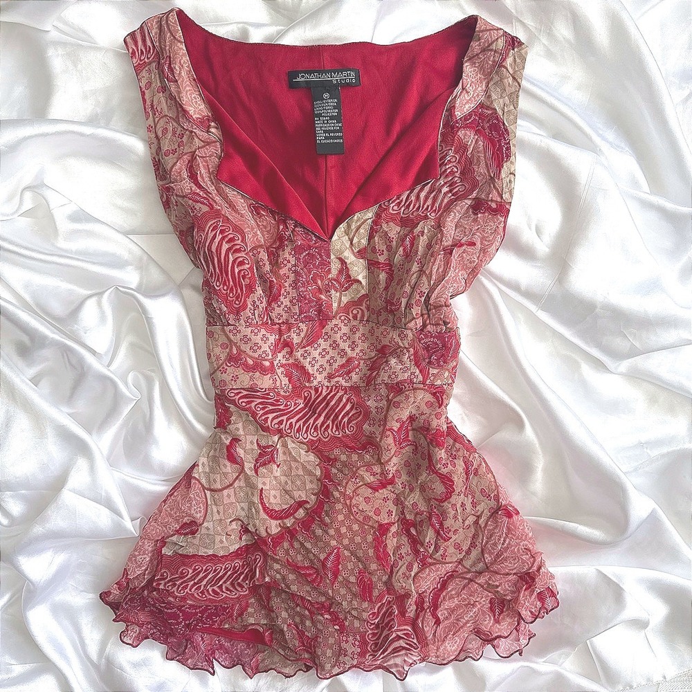 Jonathan Martin Studio Silk Sleeveless Blouse Red Pink Paisley V-Neck Top Medium